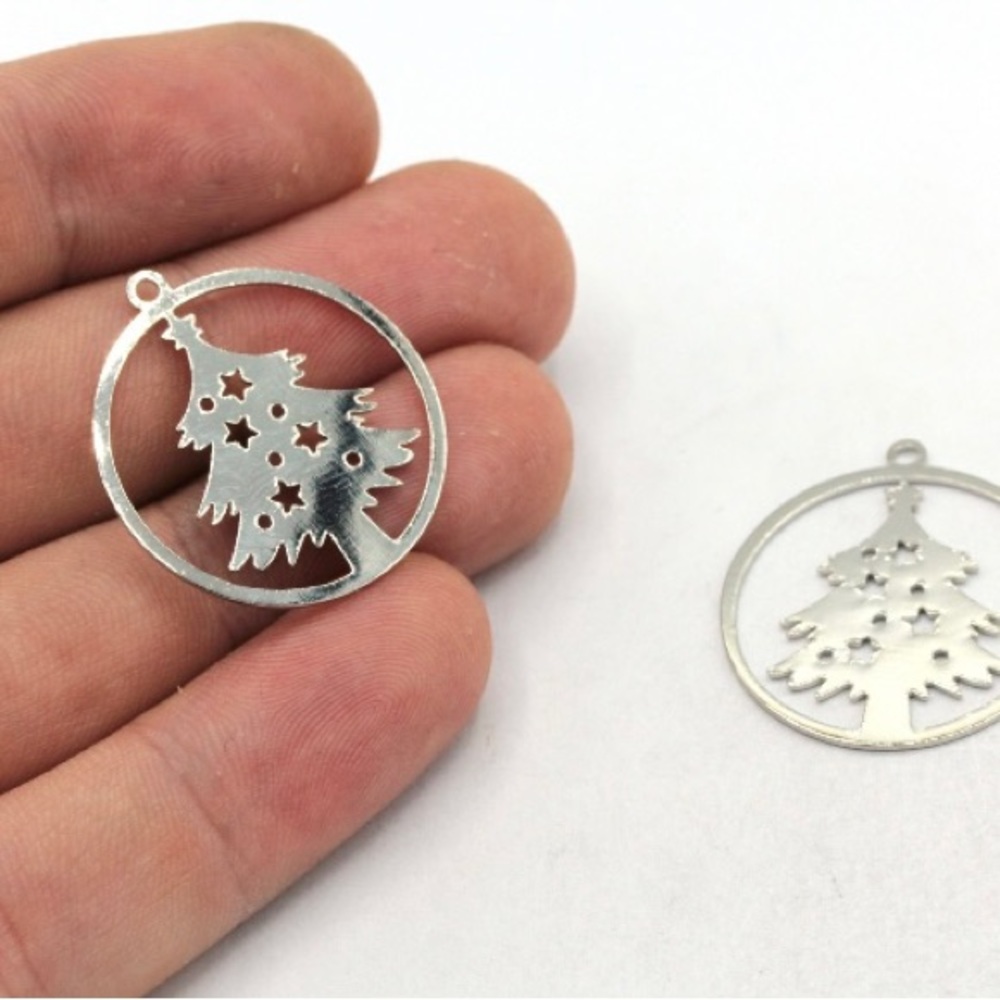 Rhodium Plated Christmas Tree Charm, Pine Tree Pendant